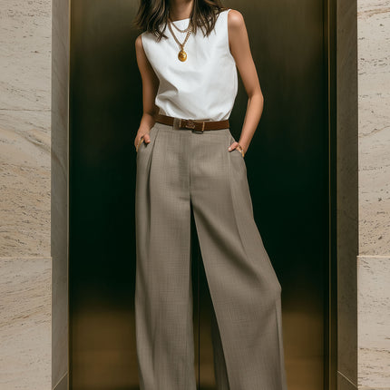 Elegant White Sleeveless Top And Khaki Pants Set