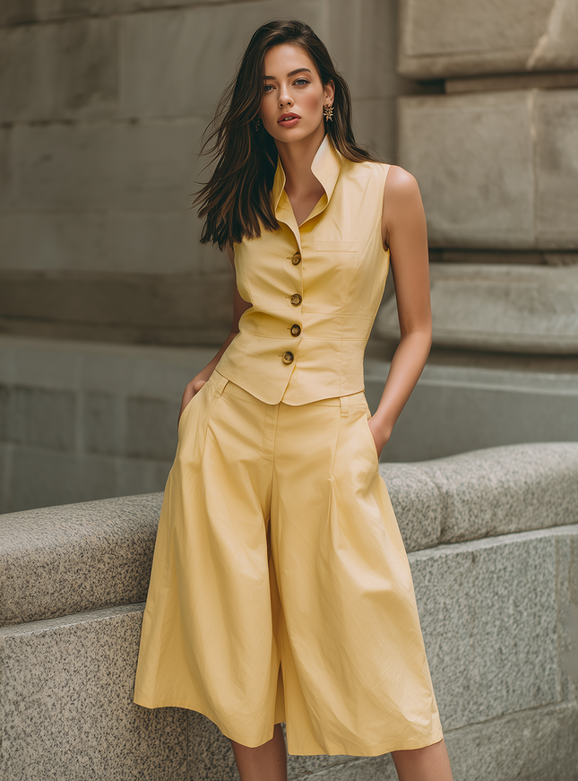 Minimalist Retro Solid Color Stand-up Collar Vest And Wide-leg Pants Set
