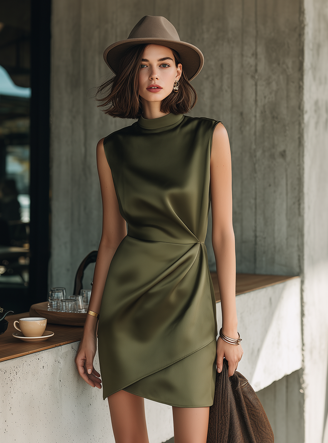 Minimalist Urban Retro Solid Color Stand Collar Satin Mini Dress