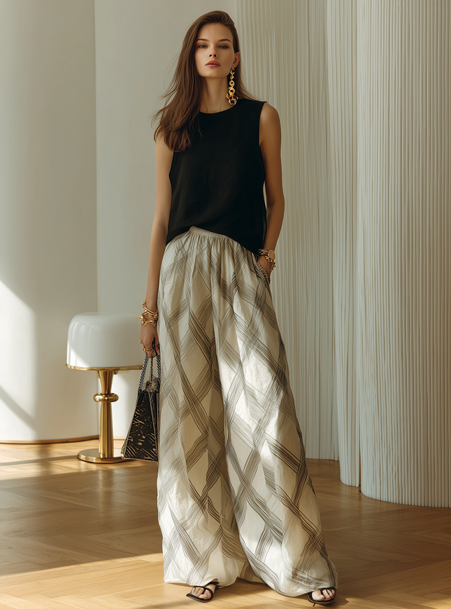 Stylish Minimalist Black Sleeveless Crew-Neck Cotton Top And Grey Plaid Wide-Leg Chiffon Pants Set