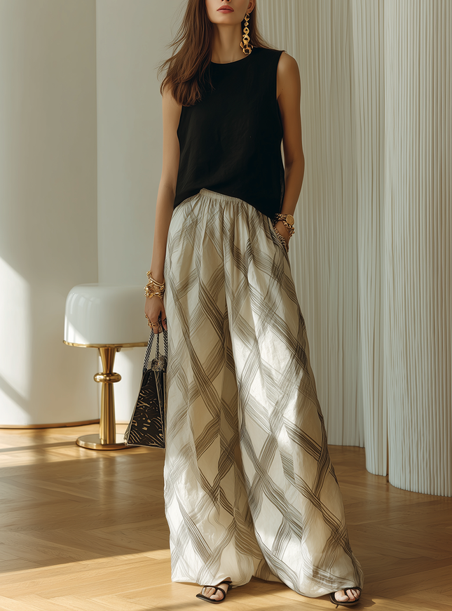 Stylish Minimalist Black Sleeveless Crew-Neck Cotton Top And Grey Plaid Wide-Leg Chiffon Pants Set