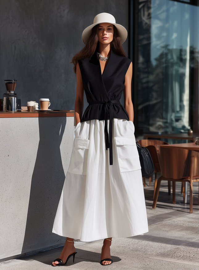 Minimalist Black Cotton Linen Sleeveless Top And White Skirt Set