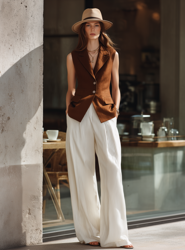 Elegant Brown Sleeveless Cotton Linen Top And White Striped Wide Leg Pants Set