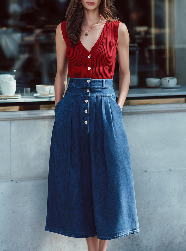 Urban Red Sleeveless Knit Top And Wide Leg Jeans Set