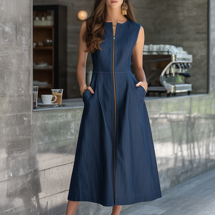 Retro Elegant Round Neck Sleeveless Zip-front Maxi Denim Dress