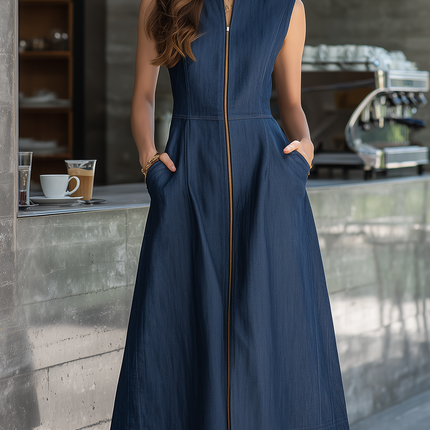 Retro Elegant Round Neck Sleeveless Zip-front Maxi Denim Dress