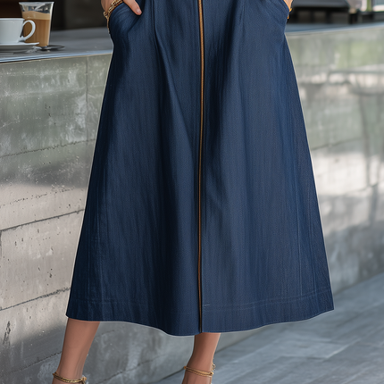 Retro Elegant Round Neck Sleeveless Zip-front Maxi Denim Dress