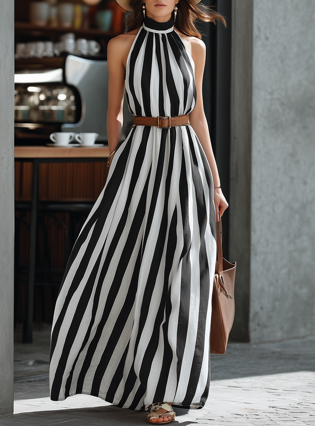 Retro-style Relaxed Color-blocked Striped Halter Neck Dress