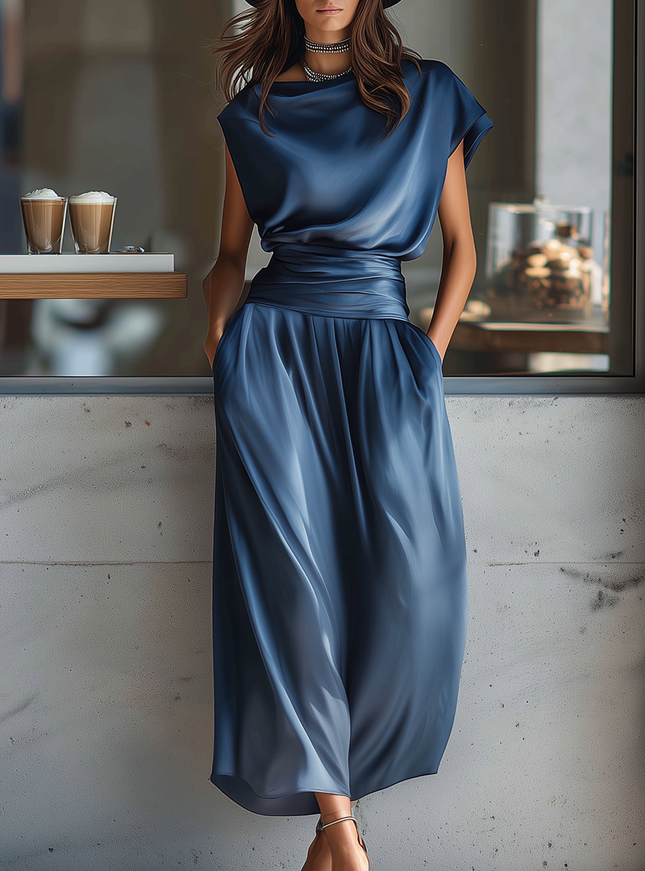 Elegant Retro High-quality Boat Neck Satin Top And Solid Color Satin Skirt Set