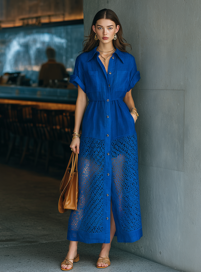 Stylish Klein Blue Short-Sleeve Collared Front-Buttoned Mesh-Paneled Cotton-Linen Maxi Dress
