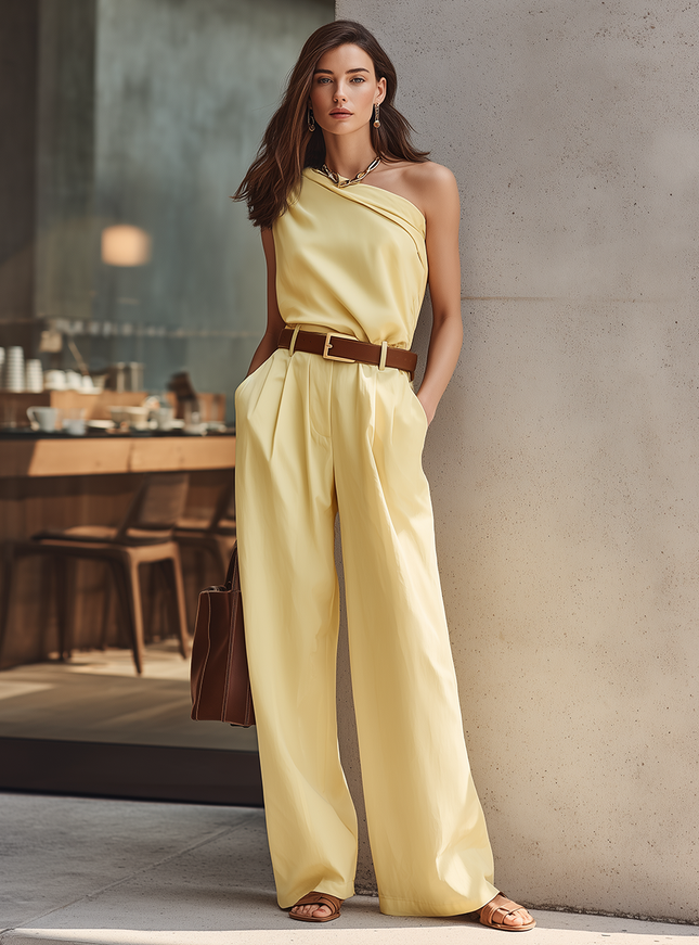 Stylish Yellow One-Shoulder Collared Belted Sleeveless Cotton Jumpsuit