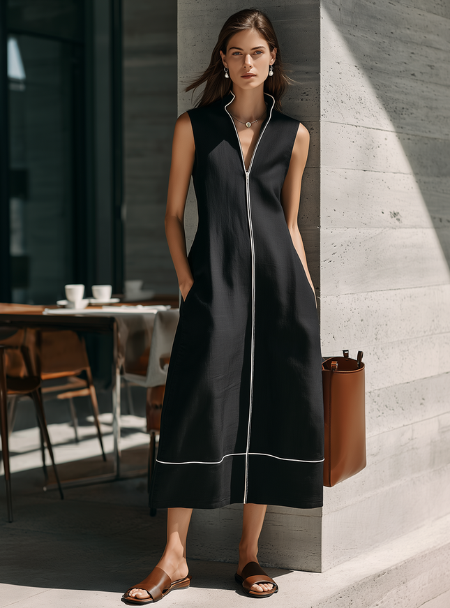 Minimalist Black Sleeveless Front-Zip Turn-Down Collar White Piping Cotton-Linen Midi Dress