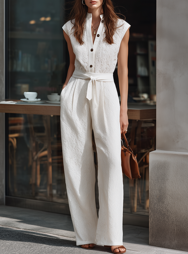 Quiet Luxury White Lace Sleeveless Loose Fit Jumpsuit