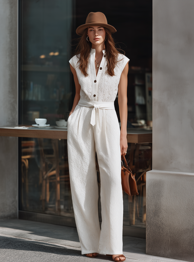 Quiet Luxury White Lace Sleeveless Loose Fit Jumpsuit