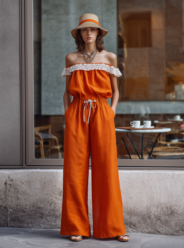 Urban Style Orange Cotton Linen Off Shoulder Sleeveless Jumpsuit