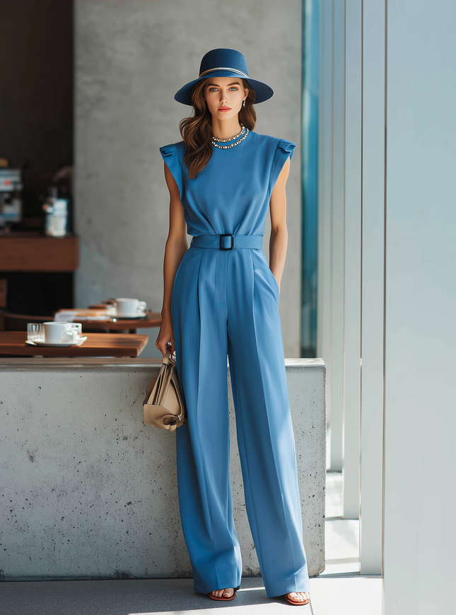 Urban Chic Sleeveless Round Neck In Blue Suit Fabric Jumpsuit