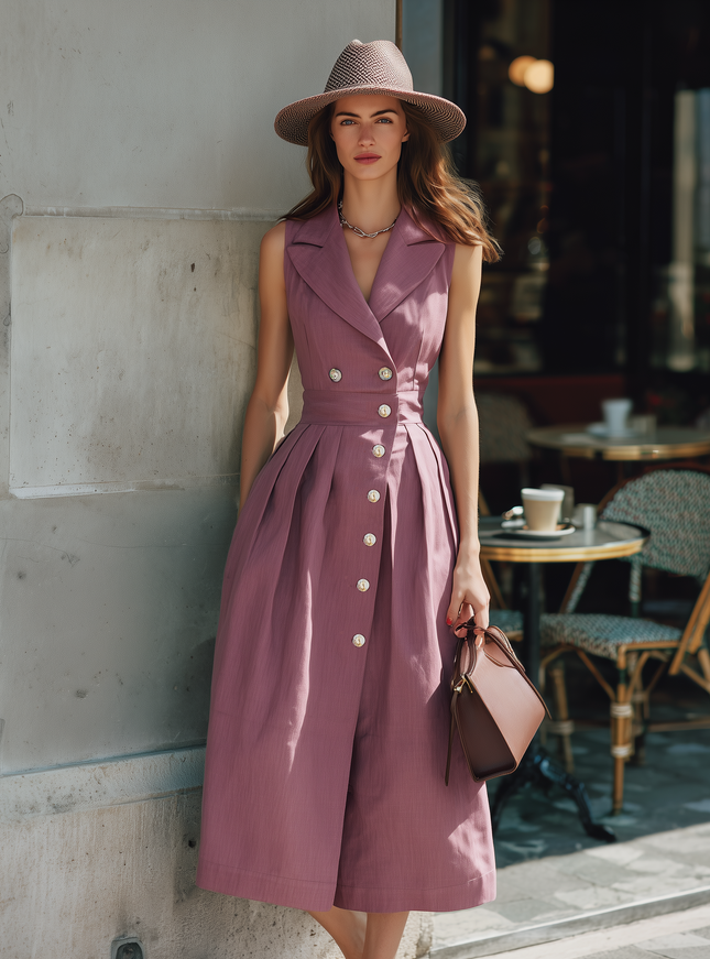 Elegant Purple Sleeveless Cotton Linen With Turn Down Collar Midi Dress