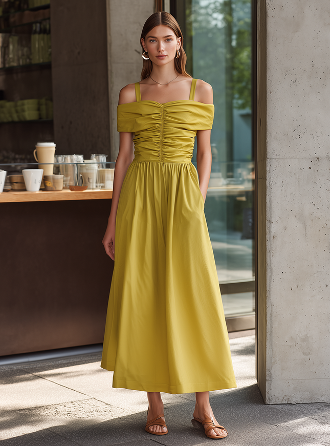 Stylish Yellow Off-Shoulder Ruched Straps A-Line Cotton-Linen Midi Dress
