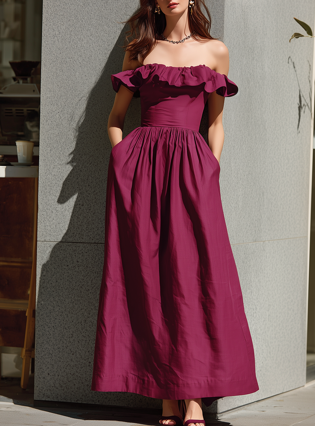 Retro Elegant Casual Off-shoulder Ruffled Cotton And Linen Maxi Dress