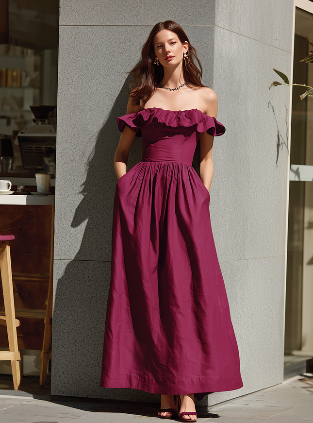 Retro Elegant Casual Off-shoulder Ruffled Cotton And Linen Maxi Dress