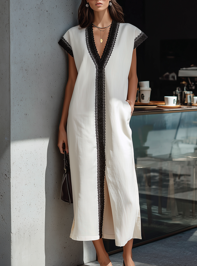 Retro Elegant Stylish V-neck Contrasting Lace Trim Cotton-linen Dress