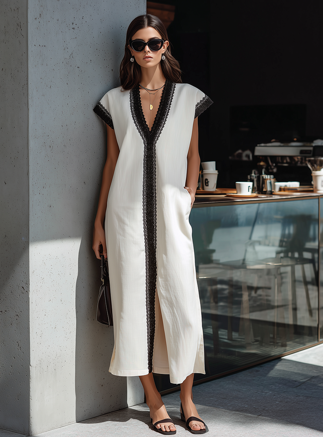 Retro Elegant Stylish V-neck Contrasting Lace Trim Cotton-linen Dress