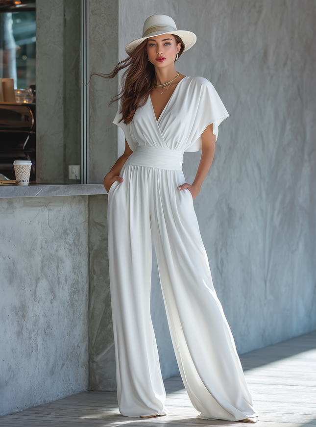 Elegant Minimalist V-neck Batwing Sleeve Chiffon Jumpsuit