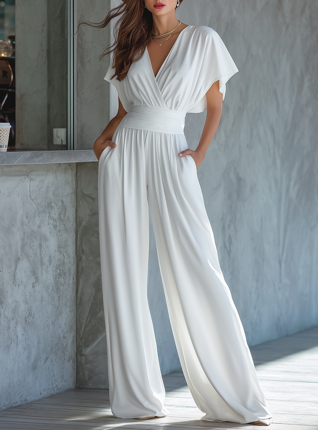 Elegant Minimalist V-neck Batwing Sleeve Chiffon Jumpsuit