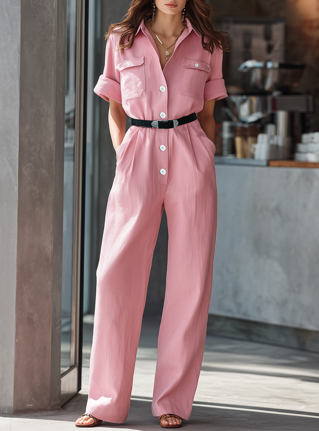Urban Quiet Luxury Pink Short Sleeve Cotton Linen  With Lapel Collar Jumpsuit