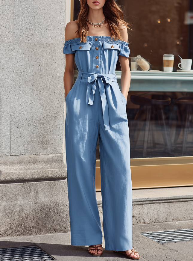 Urban Casual Blue Cotton Linen Sleeveless Off Shoulder Jumpsuit