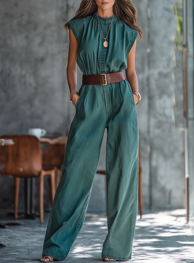 Retro-chic Distressed Round Neck Sleeveless Denim Jumpsuit