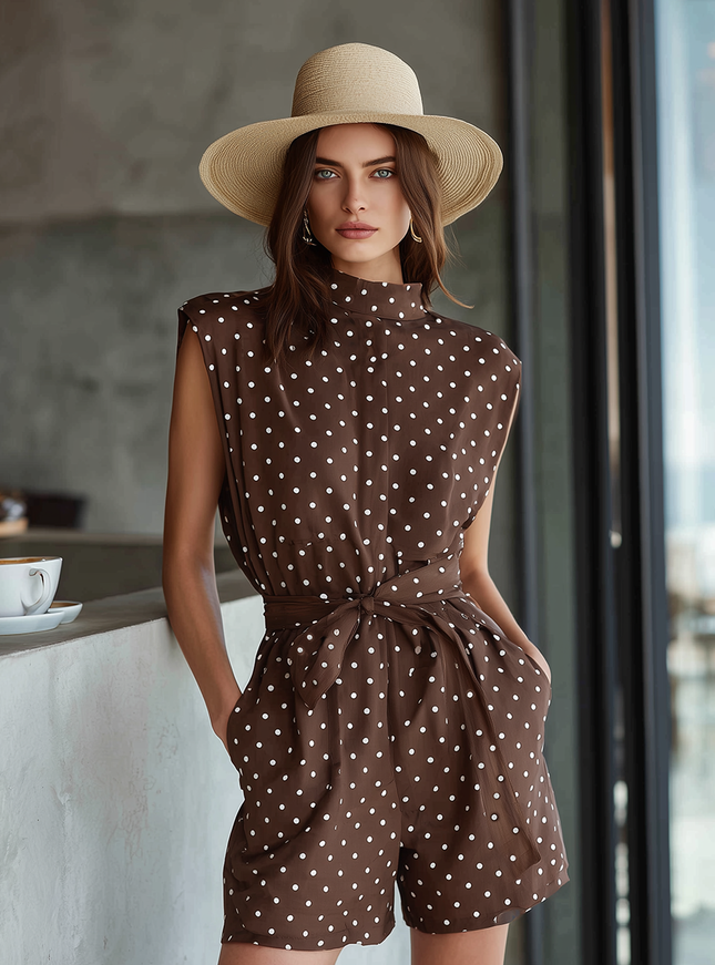 Stylish Elegant Retro Polka Dot Stand-up Collar Jumpsuit