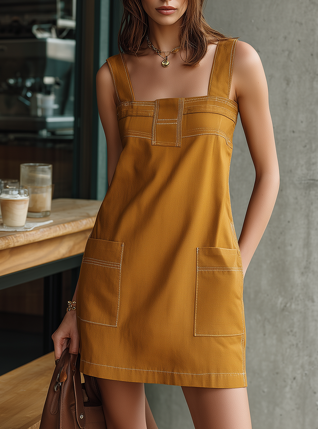 Stylish Yellow Spaghetti Straps Square Neckline Contrast Stitching Pockets Denim Mini Dress