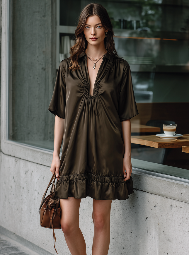 Stylish Dark Green Short-Sleeve Ruched Neckline Ruffled Hem Satin Mini Dress