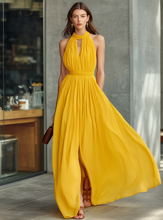 Stylish Yellow Halter-Neck Front Slit Ruching Chiffon Maxi Dress
