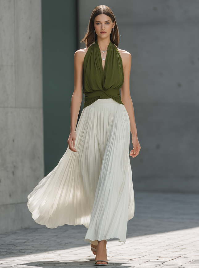 Stylish Green Halter-Neck V-Neck Ruched Top And White Pleated Skirt Chiffon Set