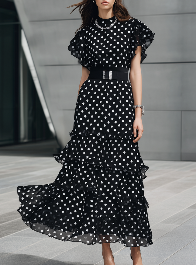 Elegant Urban Retro Polka Dot Chiffon Maxi Dress