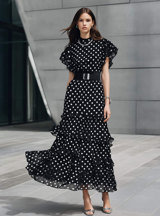 Elegant Urban Retro Polka Dot Chiffon Maxi Dress