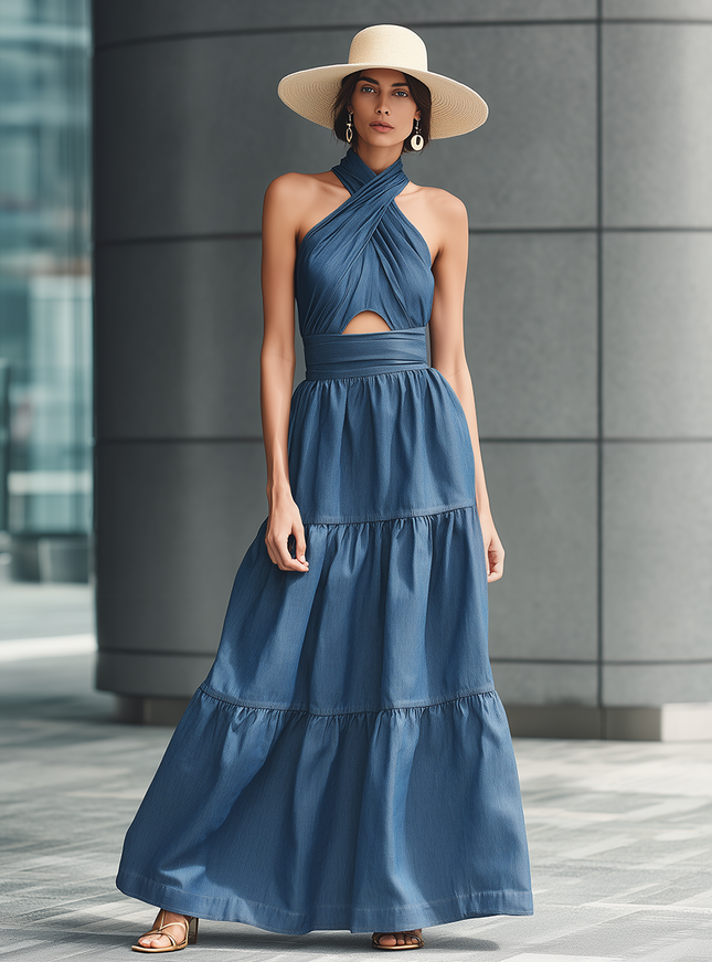 Retro-chic Cutout Waist Ruffled Hem Halter Neck Denim Dress