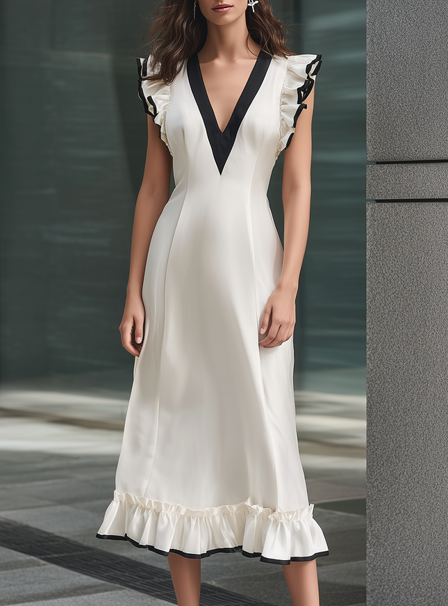 Elegant And High-quality Color-blocked V-neck Ruffled Cuff Satin Midi Dress