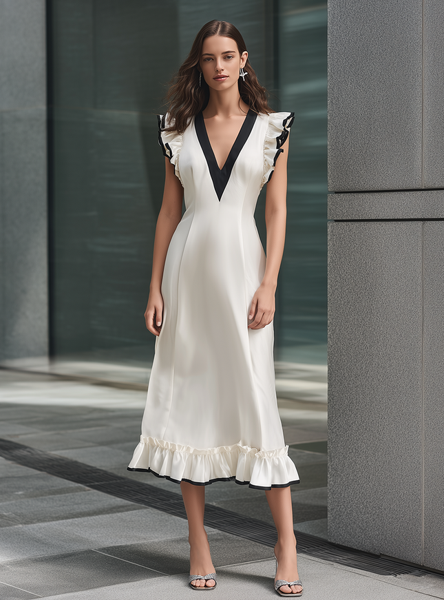 Elegant And High-quality Color-blocked V-neck Ruffled Cuff Satin Midi Dress