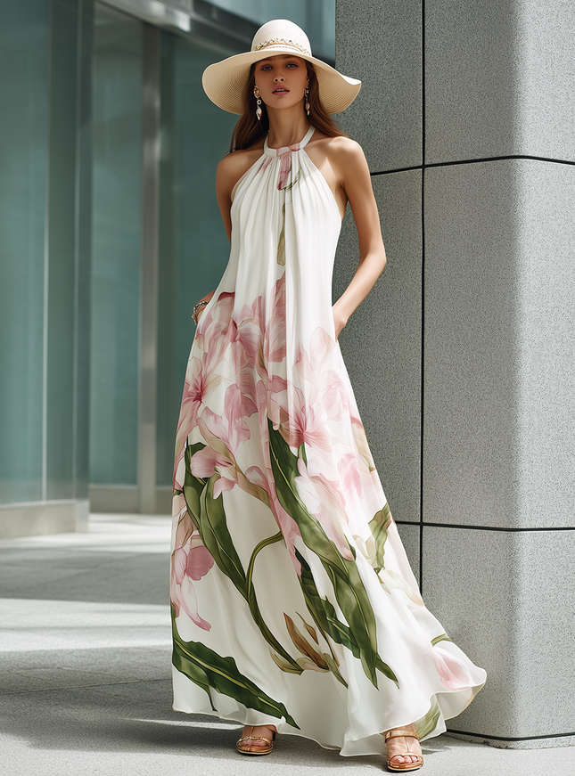 Elegant Vacation-style Oversized Floral Print Halter Neck Dress