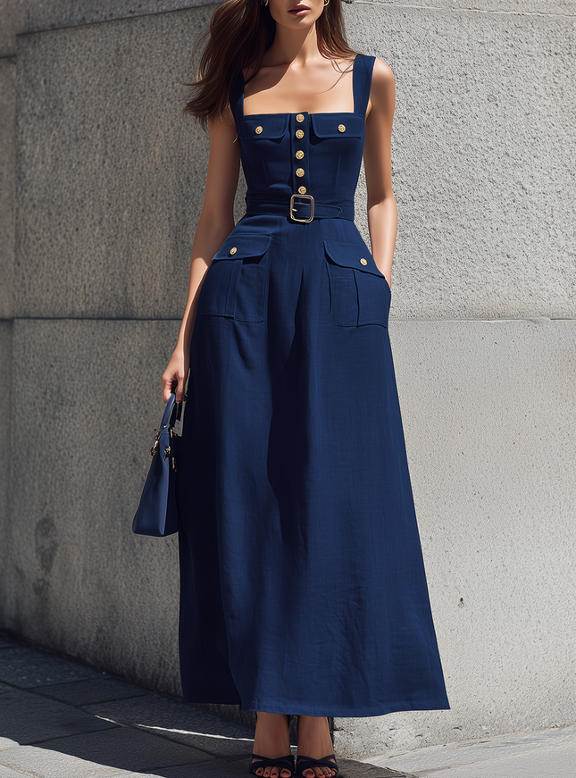 Minimalist Retro Square Neck Sleeveless Multi-pocket Cotton And Linen Maxi Dress