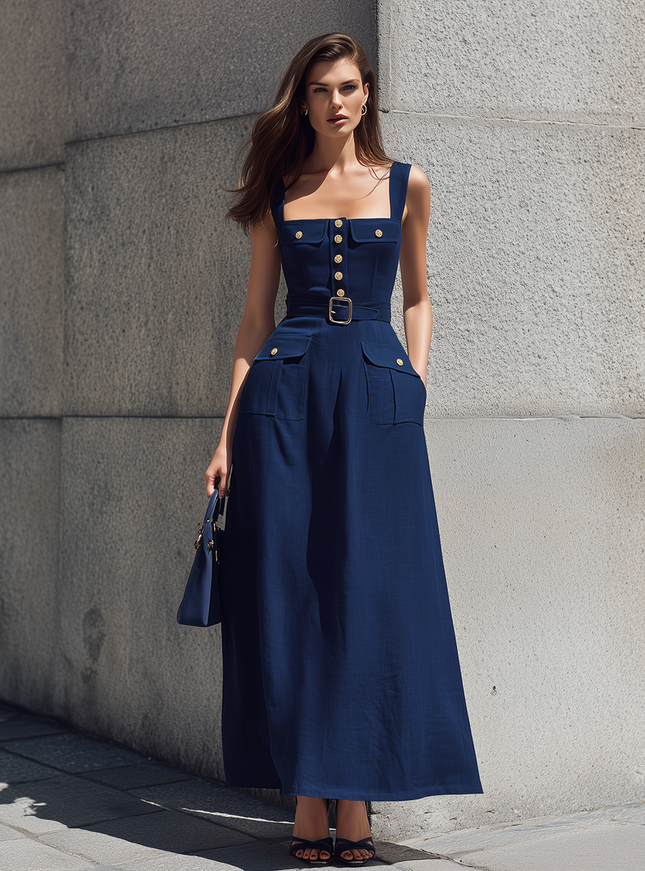 Minimalist Retro Square Neck Sleeveless Multi-pocket Cotton And Linen Maxi Dress