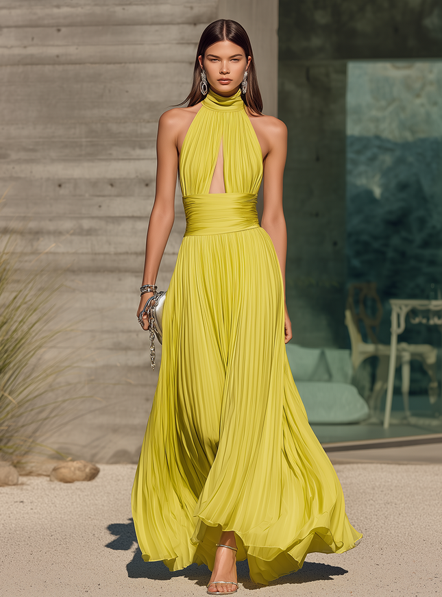 Elegant Sexy High-neck Solid Color Pleated Chiffon Maxi Dress