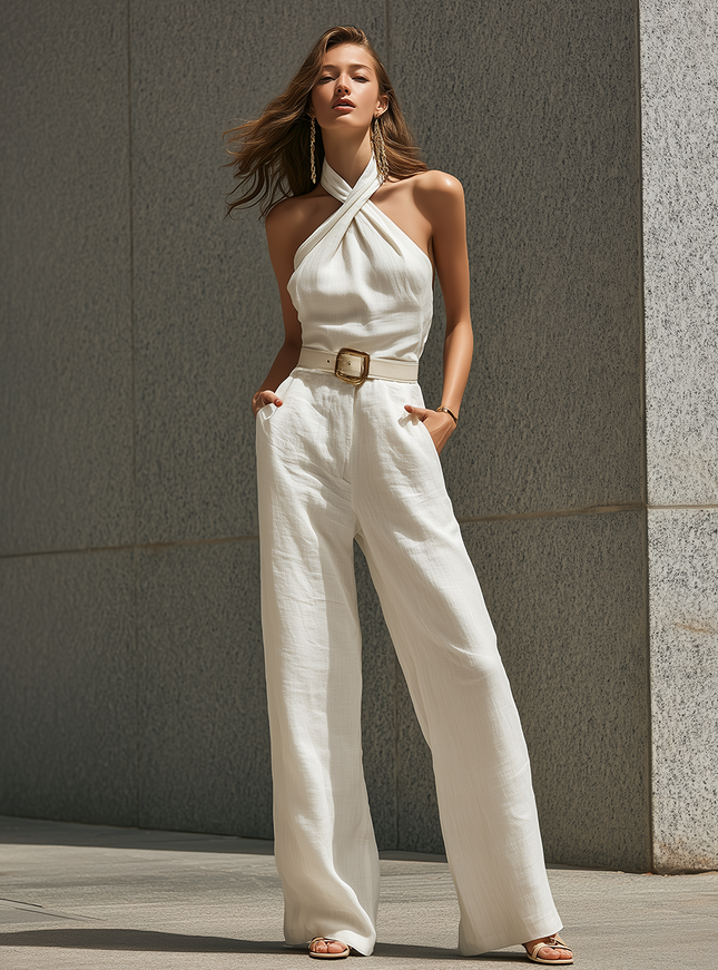 Urban Elegant Minimalist Halter Neck Cotton Linen Jumpsuit