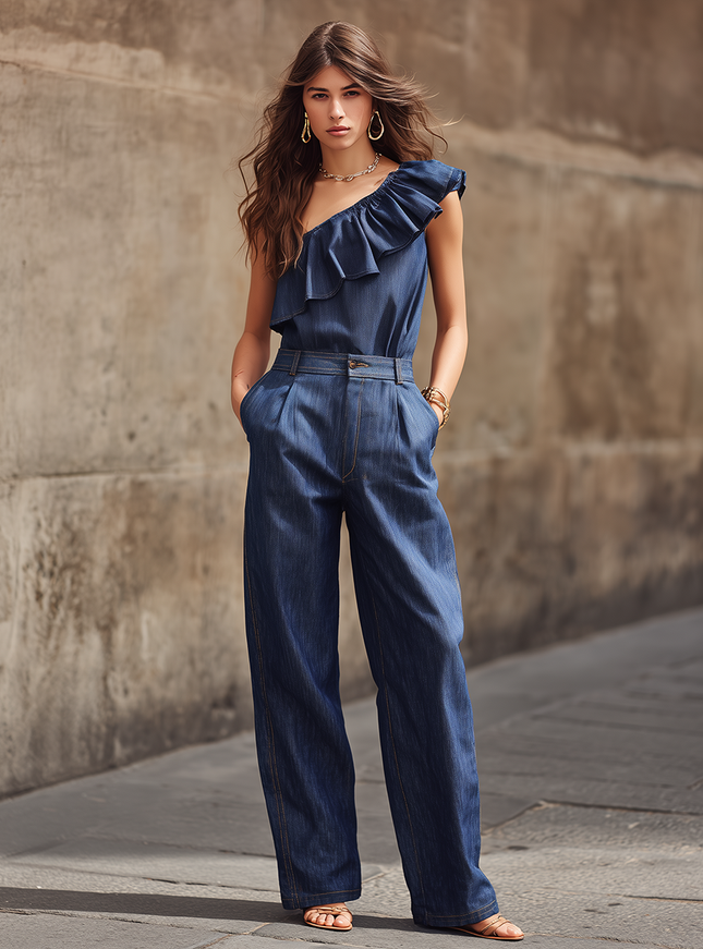 Chic Retro Vacation-style Relaxed One-shoulder Ruffled Denim Top And Wide-leg Pants Set