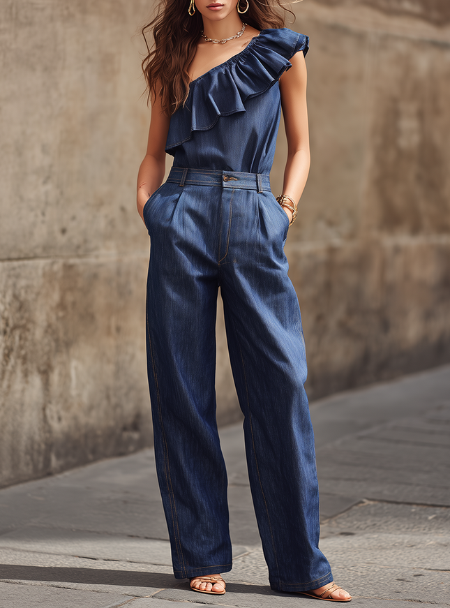 Chic Retro Vacation-style Relaxed One-shoulder Ruffled Denim Top And Wide-leg Pants Set