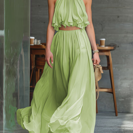 Stylish Vacation Halter-neck Chiffon Top And Solid-color Chiffon Skirt Set