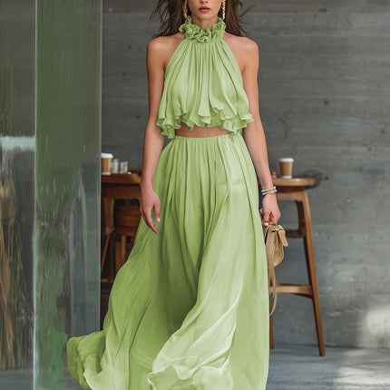 Stylish Vacation Halter-neck Chiffon Top And Solid-color Chiffon Skirt Set